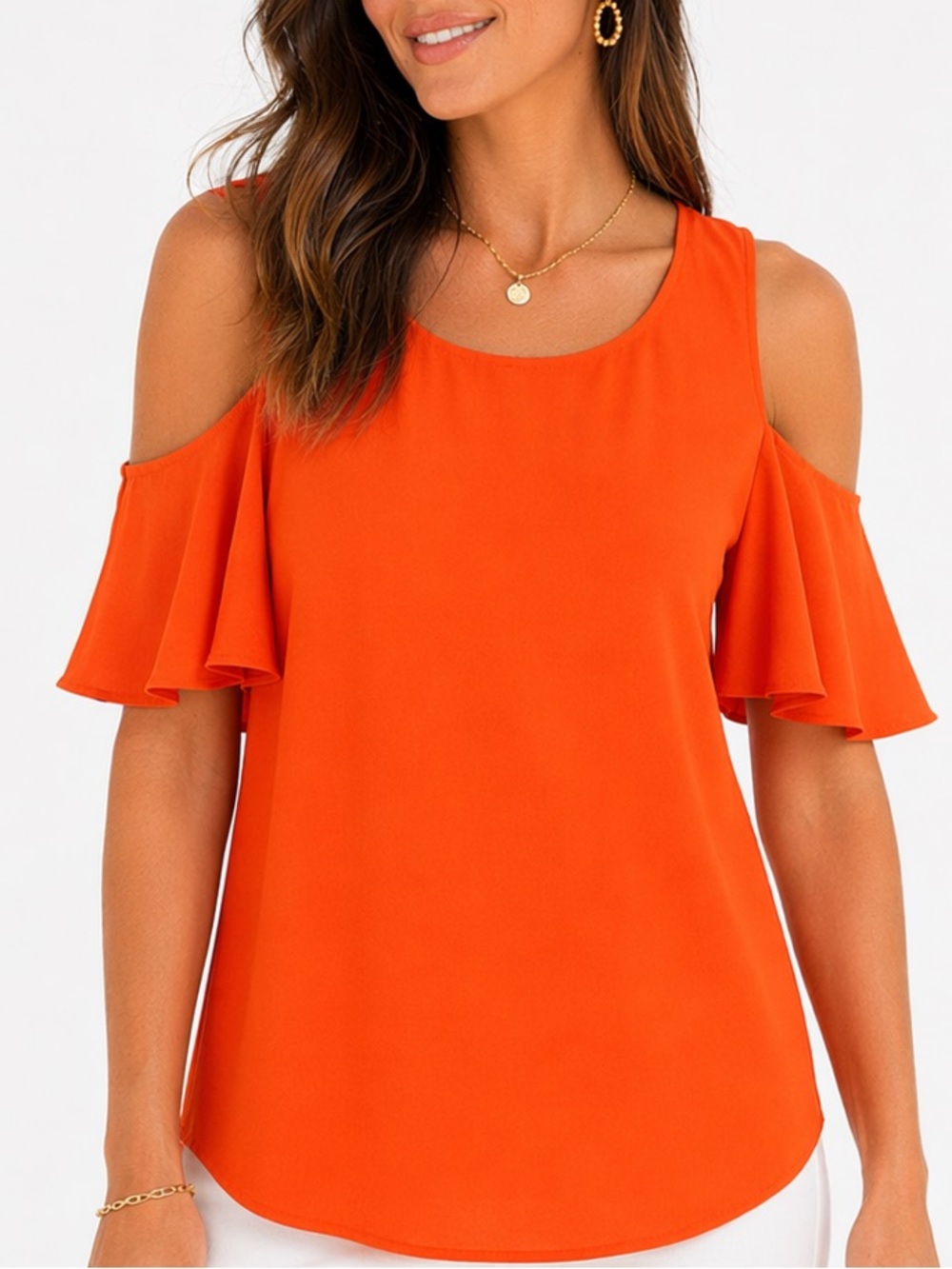 Gianni Bini Orange Cold Shoulder Flutter Sleeve Blouse Top NWT Size Small
